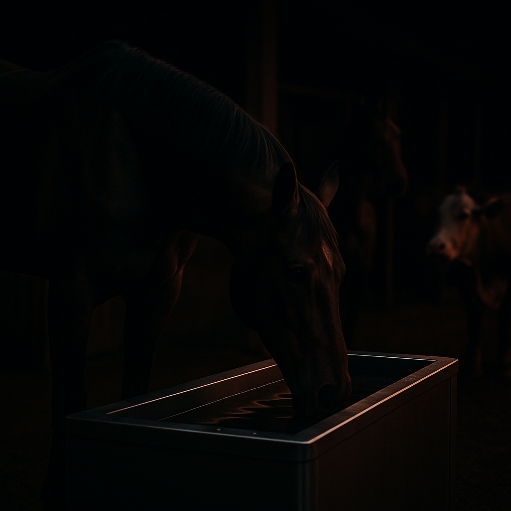 Elite racehorse at a premium stable with advanced hydration systems